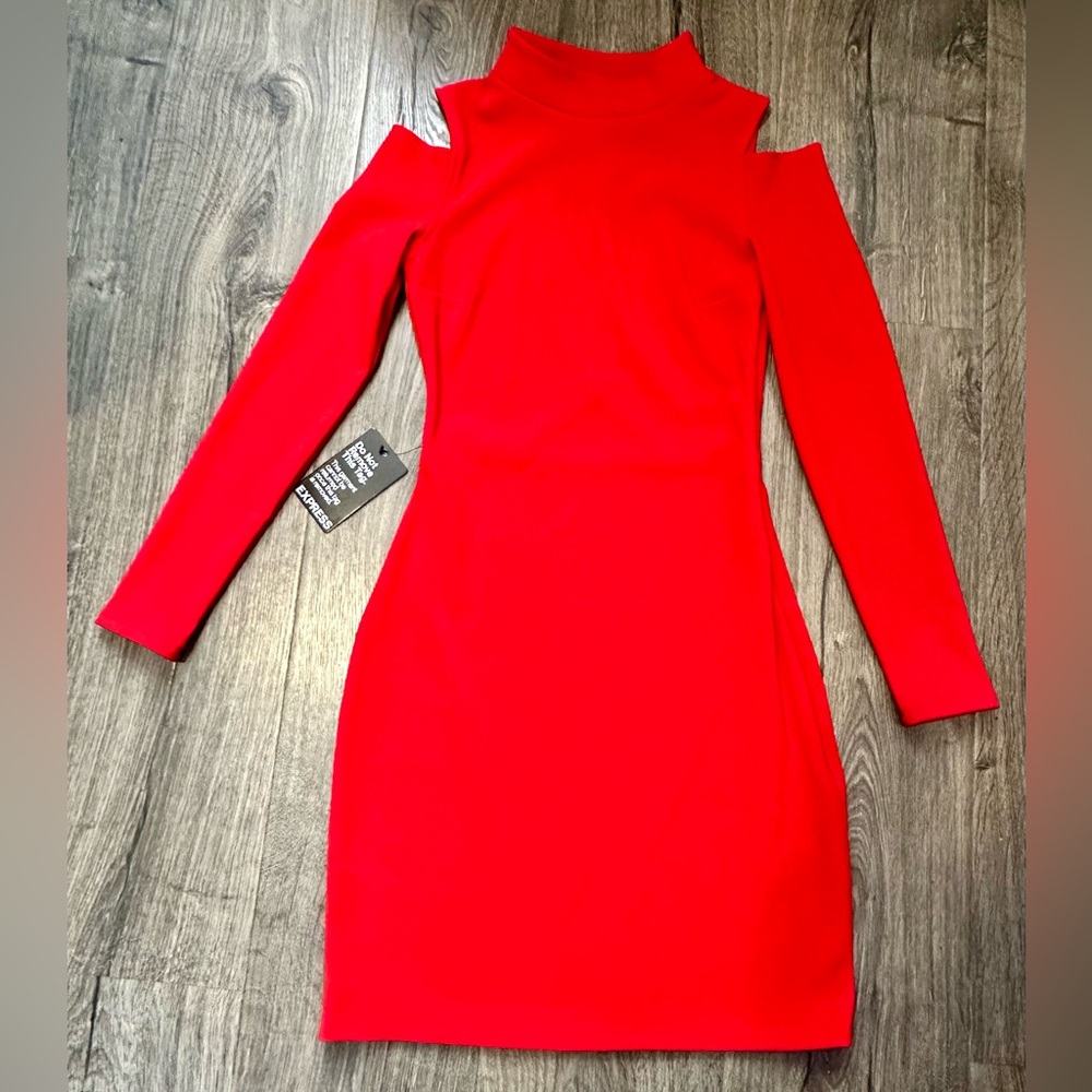 Express - Long Sleeve Cut Out Shoulder Red Dress - Size XS